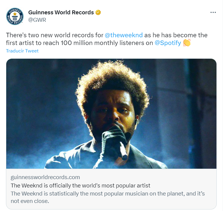 The Weeknd supera a Shakira en plataformas como Spotify en el número de oyentes y la cantidad de reproducciones. / Imagen @GWR