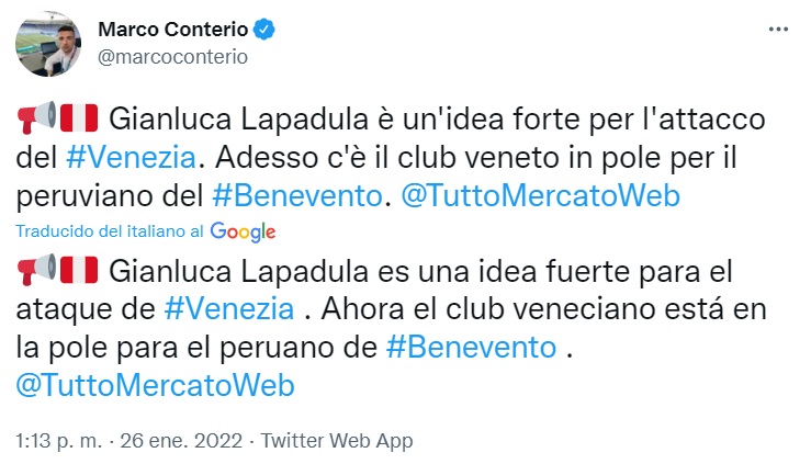 Publicación de Marco Conterio y el interés del Venezia en Gianluca Lapadula.