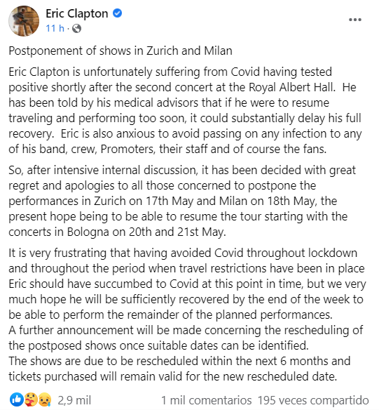 Eric Clapton's statement in which he announced that he has coronavirus 