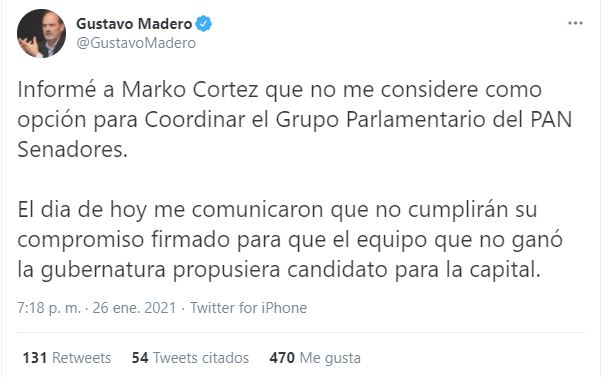 Gustavo Madero no participará como coordinador del grupo parlamentario del PAN (Foto: Twitter / @GustavoMadero)