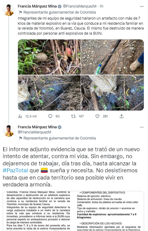 Francia Márquez denuncia atentado contra su vida en vía del Cauca