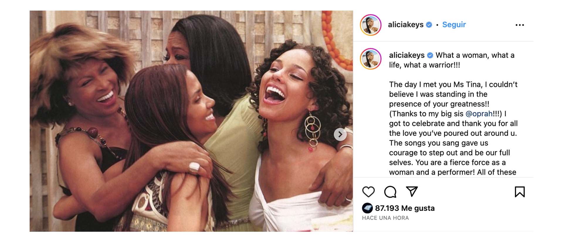 Alicia Keys compartió una fotografía junto a Tina Turner, Oprah y Halle Berry en su cuenta de Instagram