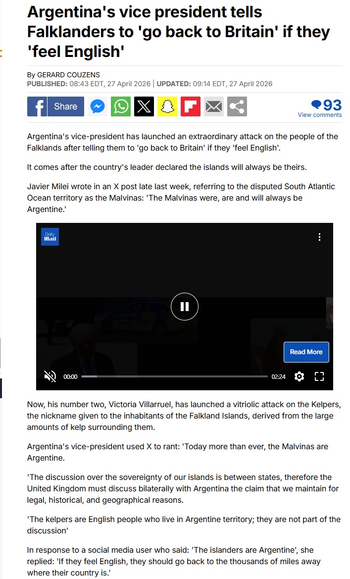 Malvinas: medios brit&aacute;nicos reflejaron los dichos de Villarruel sobre los isle&ntilde;os en medio de la creciente tensi&oacute;n diplom&aacute;tica