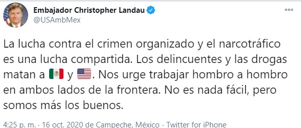 Lndau dijo que las drogas matan a México y EEUU (Foto: Twitter/USAmbMex)