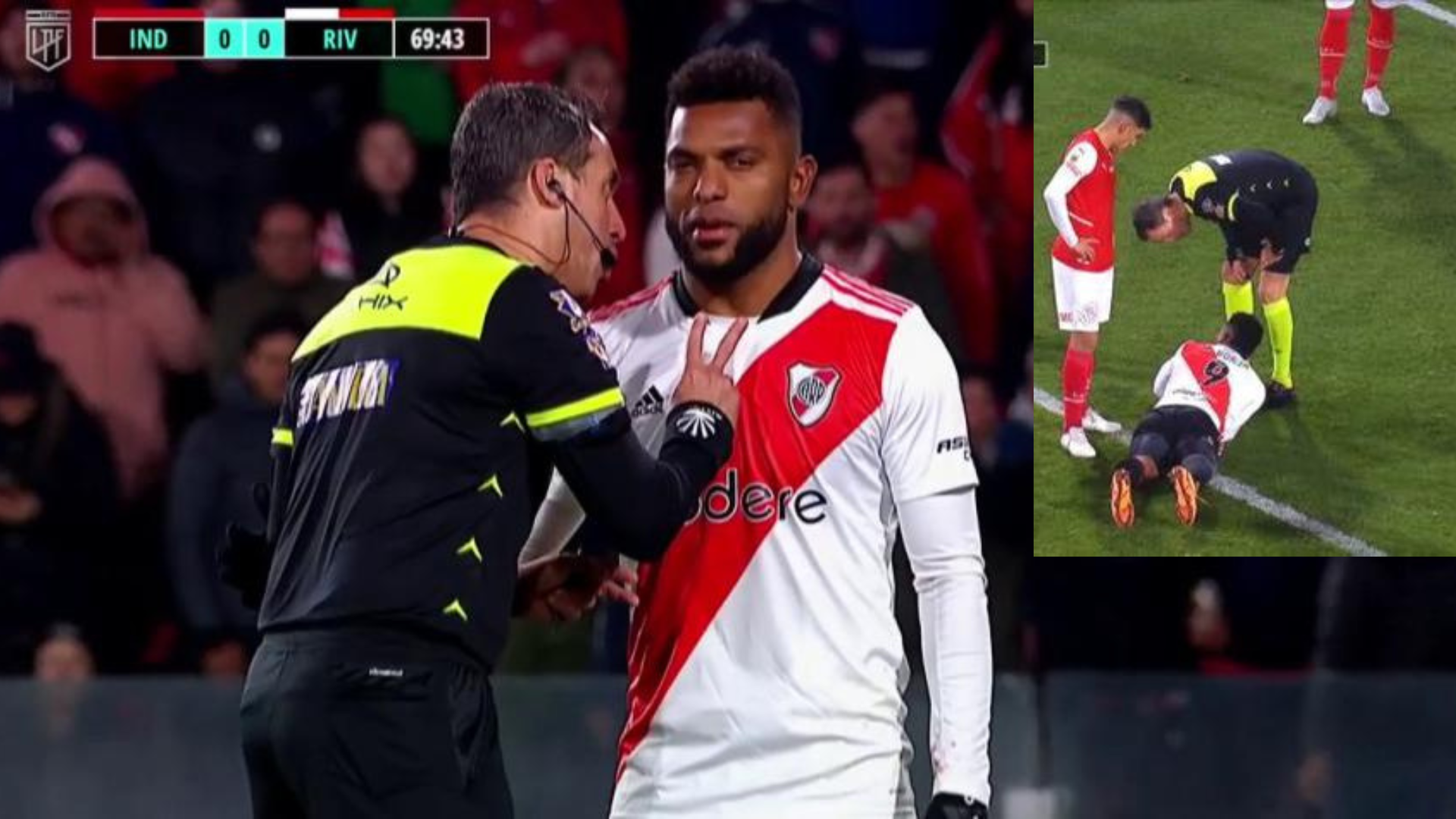 The Colombian Miguel Ángel Borja was attacked in the area vs.  Independent, but the central referee decided not to sanction a penalty, nor to expel the aggressor.  Image: ESPN.