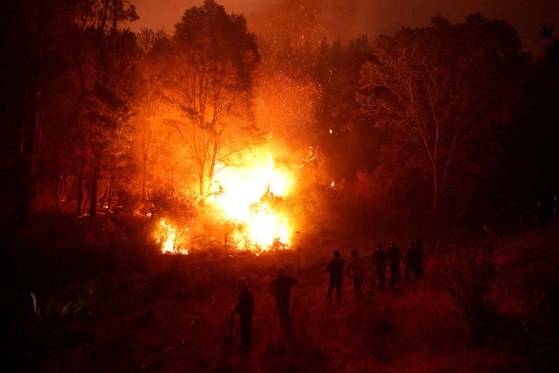 Residentes locales observan las llamas de un incendio forestal en la localidad de Nacimiento, Chile, el 7 de febrero de 2023. REUTERS/Ivan Alvarado