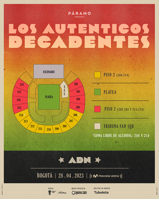 Distribución Los Auténticos Decadentes en el Movistar Arena de Bogotá (Páramo)