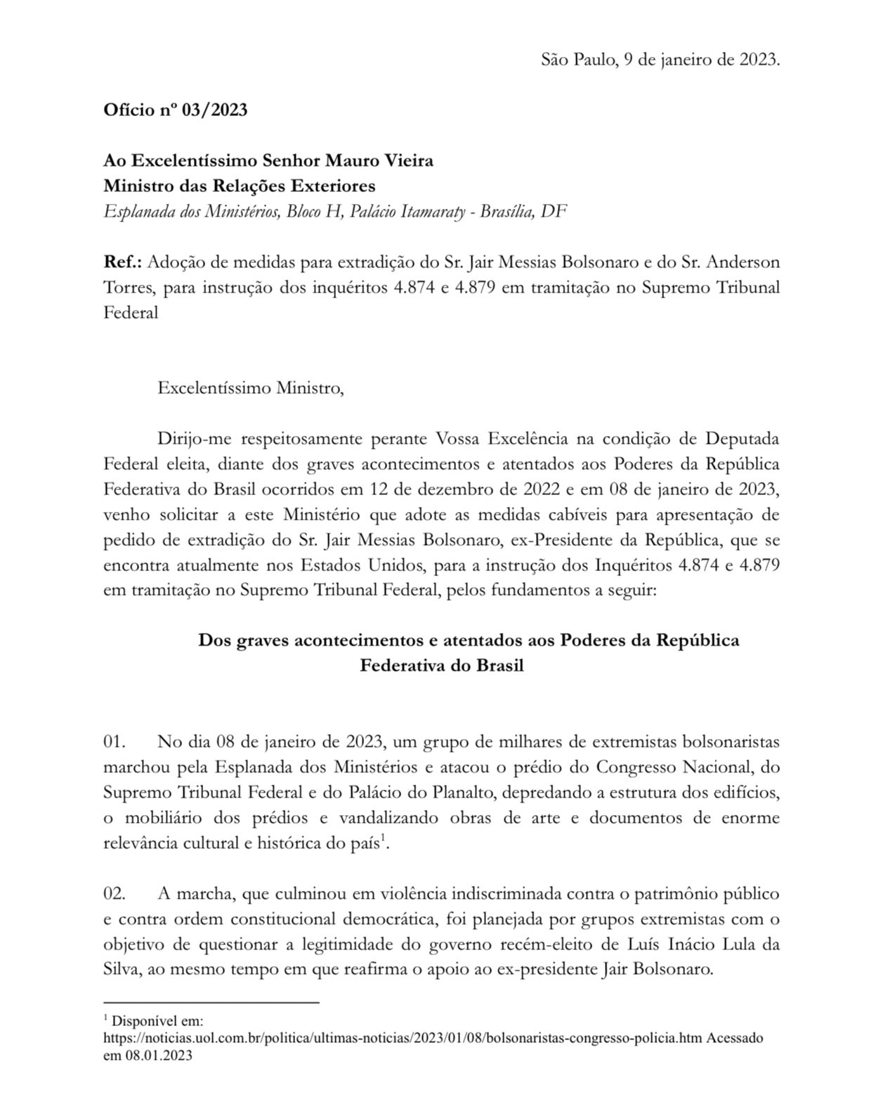 Erika Hilton's letter asking for Bolsonaro's extradition