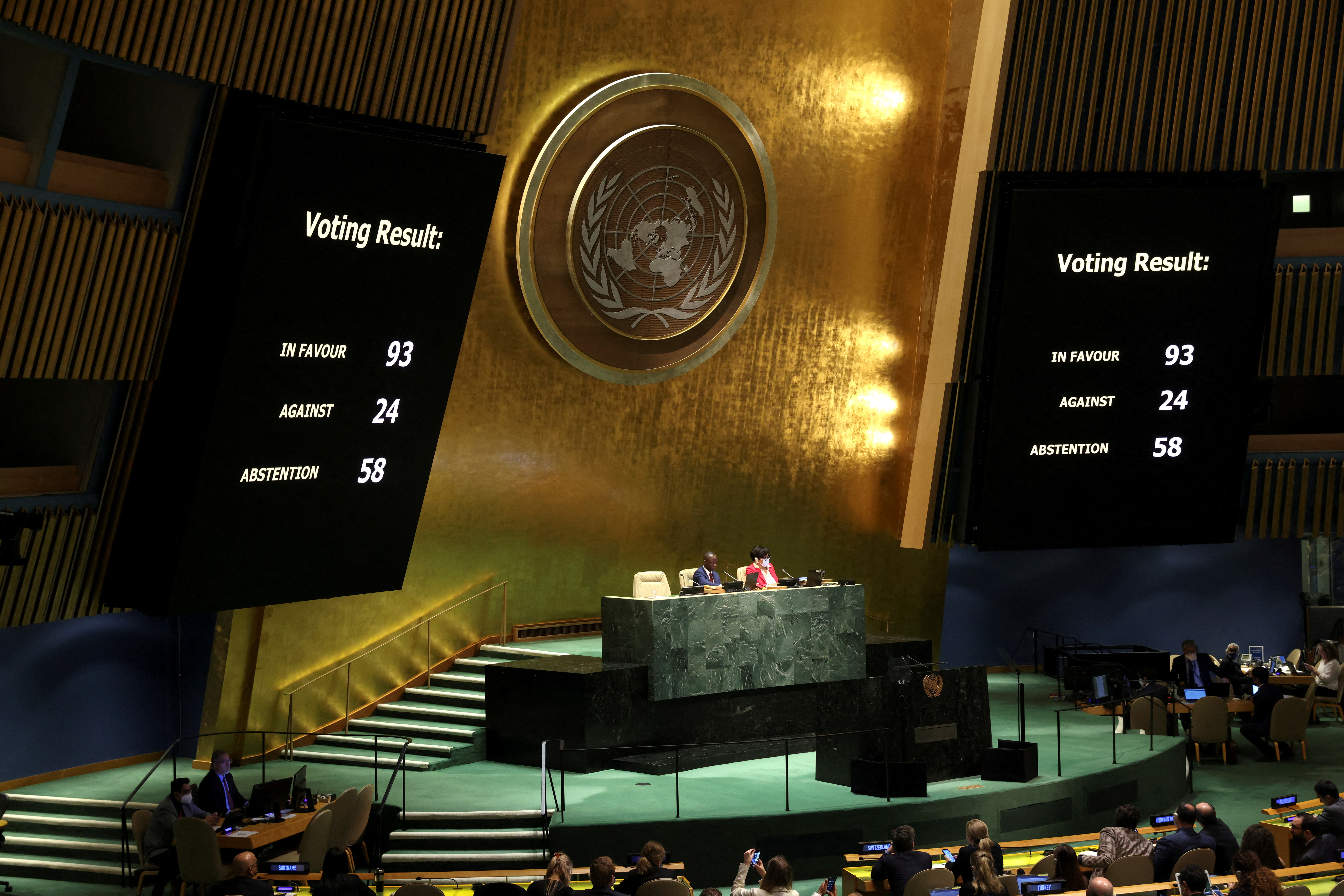 La votación de hace dos semanas en la ONU en la que se suspendió a Rusia del Consejo de DDHH (REUTERS/Andrew Kelly)
