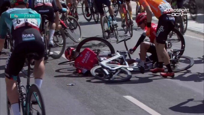 This is how Nairo (centre) and Dayer Quintana (right) finished after the second crash in stage 2 of the Tour of Turkey.  Screenshot