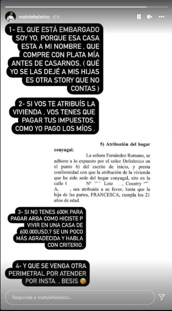 Matías Defederico y una story contra Cinthia Fernández (Foto: Instagram)