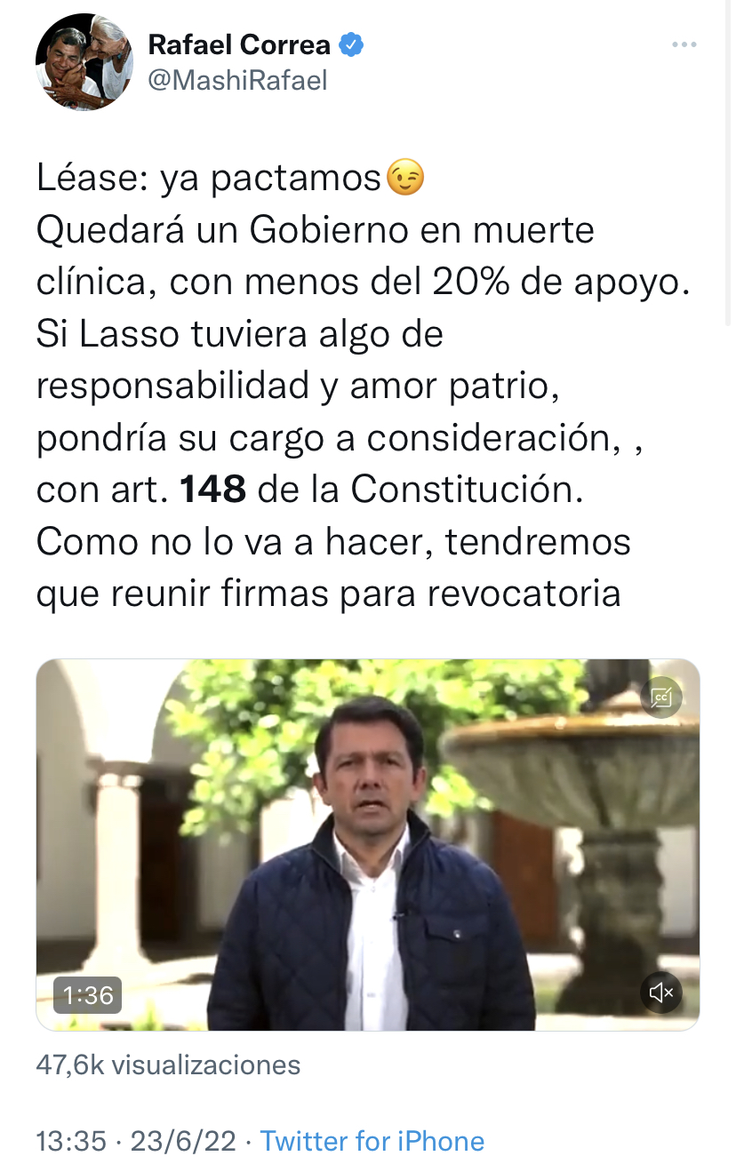 Ante la posibilidad del diálogo entre el gobierno y la Conaie, Rafael Correa dijo que de no haber muerte cruzada, se deben buscar firmas para revocar a Lasso.