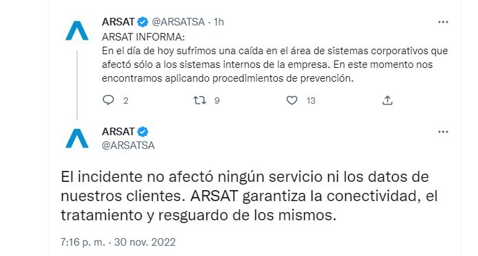 El tuit de ARSAT donde informaron el ataque al sistema corporativo