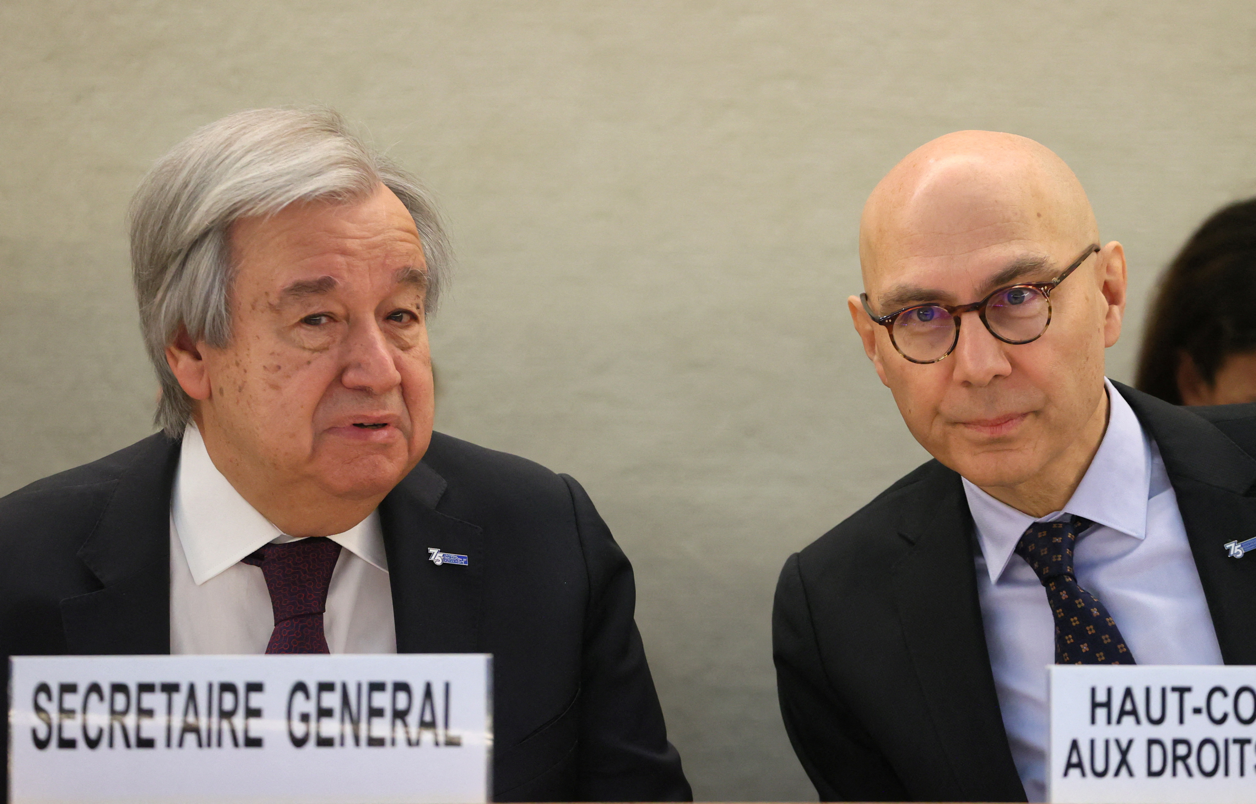Antonio Guterres, Secretario General de las Naciones Unidas, y Volker Turk, Alto Comisionado de las Naciones Unidas para los Derechos Humanos, asisten al Consejo de Derechos Humanos de las Naciones Unidas en Ginebra, Suiza, el 27 de febrero de 2023. REUTERS/Denis Balibouse