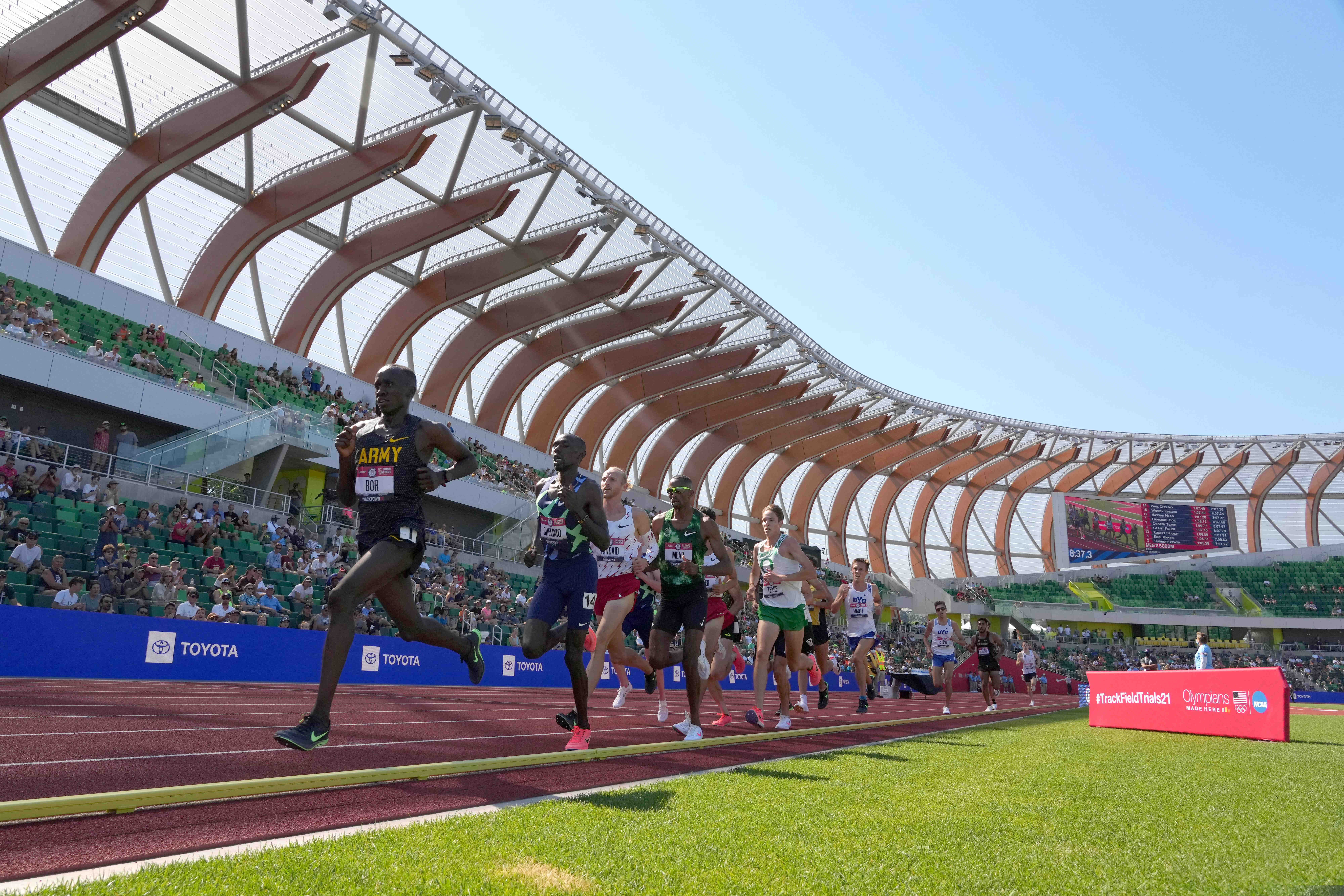 Jun 27, 2021; Eugene, OR, USA; Emmanuel Bor, Paul Chelimo, Woody Kincaid, Hassan Mead and Cooper Teare lead the 5,000m during the US Olympic Team Trials at Hayward Field. Mandatory Credit: Kirby Lee-USA TODAY Sports