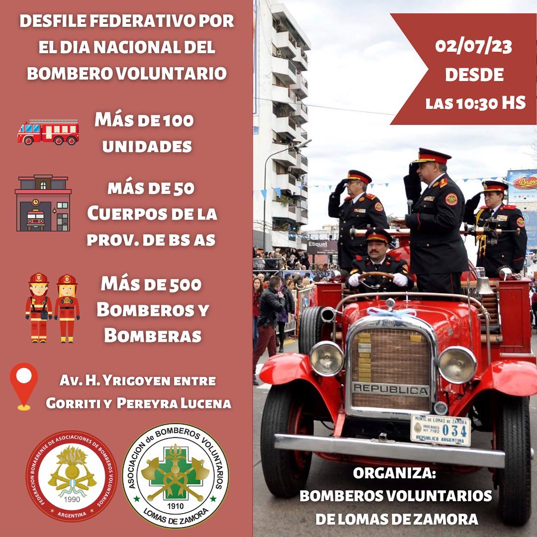 En el Desfile Federativo Anual que tendrá lugar el 2 de julio de 2023 muchas familias asisten para saludar a los bomberos voluntarios (Instagram @bomberoslomasdezamora)