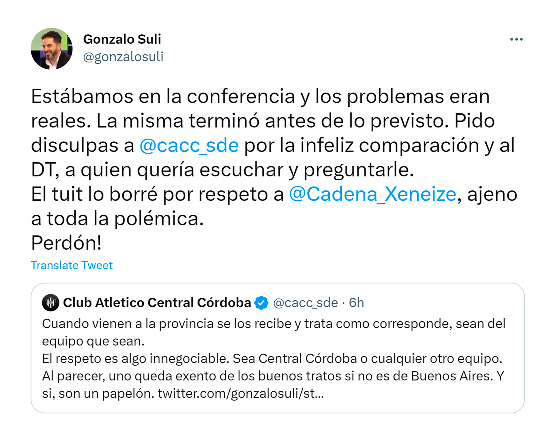 La respuesta de Central Córdoba y el pedido de disculpas de Suli