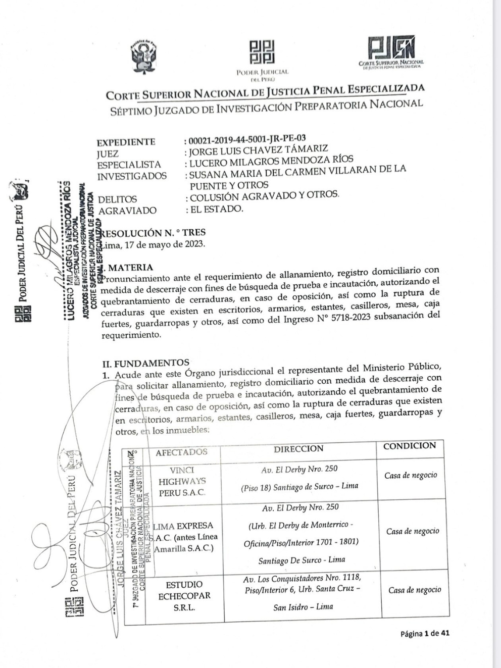 Resolución del juez Jorge Chávez Tamariz autorizando el allanamiento de los inmuebles | Poder Judicial