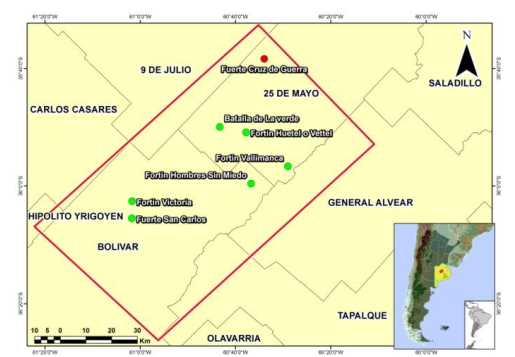 Mapa de la zona de 25 de Mayo en el que están marcados los sitios donde se levantaban los principales fortines