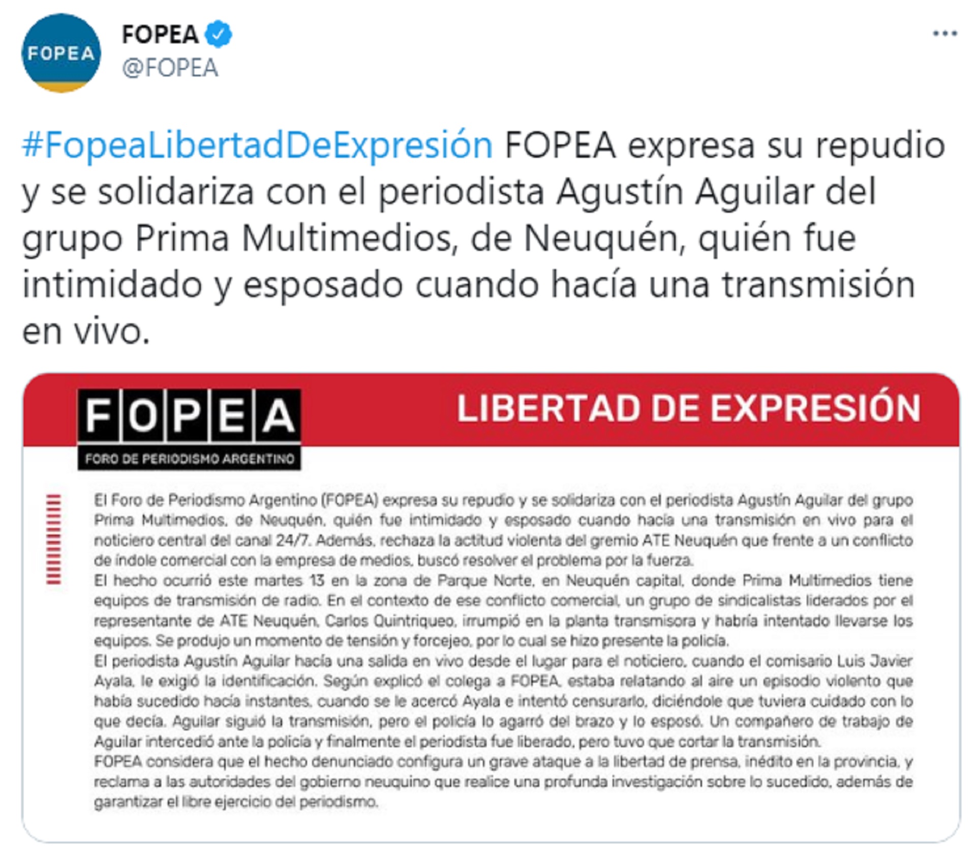 FOPEA se solidarizó con el periodista Agustín Aguilar