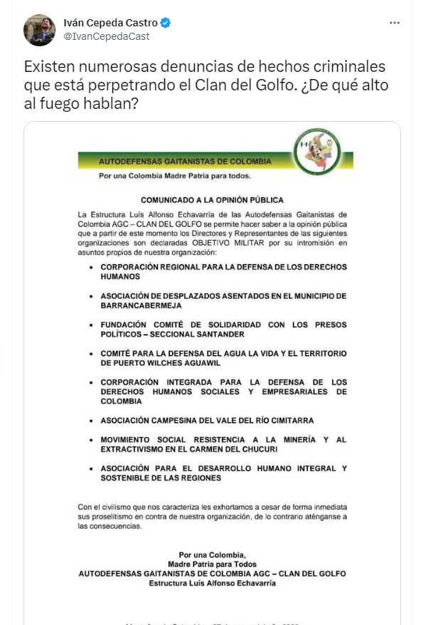 A través de Twitter, el senador Iván Cepeda cuestionó al Clan del Golfo y un supuesto incumplimiento del cese al fuego.
Twitter (@IvanCepedaCast)