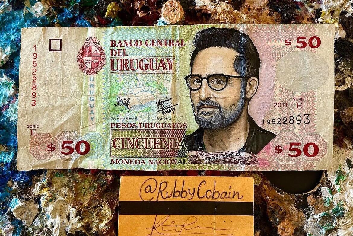 Billete tributo al cantante uruguayo Jorge Drexler. (Foto del Instagram de La Chama que pinta billetes)