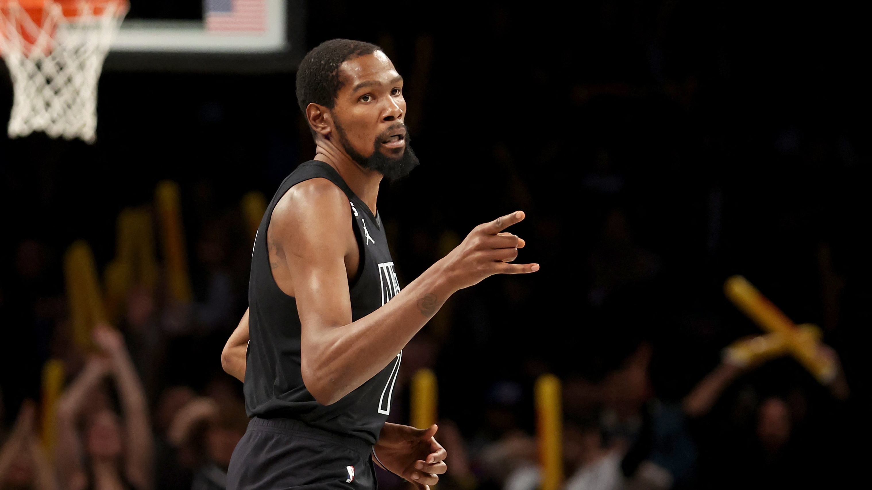 Dec 9, 2022; Brooklyn, New York, USA; Brooklyn Nets forward Kevin Durant (7) reacts after a basket against the Atlanta Hawks during the fourth quarter at Barclays Center. Mandatory Credit: Brad Penner-USA TODAY Sports