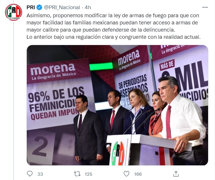 Su iniciativa busca modificar la Ley de Armas de Fuego para que con facilidad, los mexicanos tengan acceso a armas (Foto: Twitter/@PRI_Nacional)