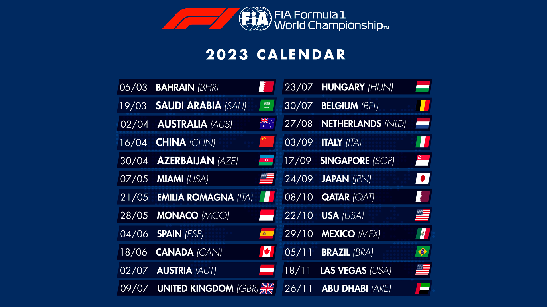 The official dates of the Formula 1 calendar in 2023 (Photo: @F1)