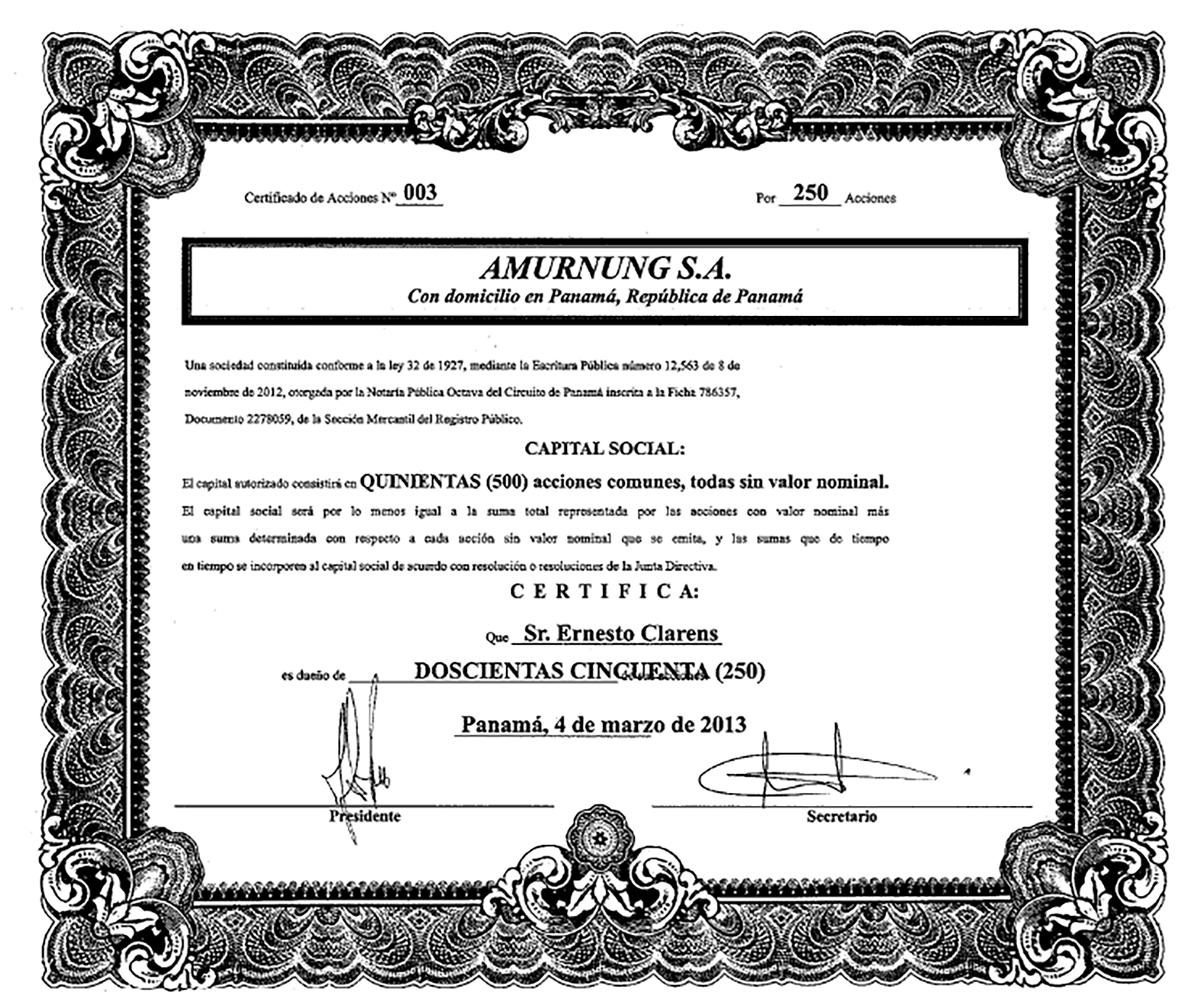 El certificado accionario que identifica a Clarens como accionista de Amurnung, otra offshore revelada en la filtración anterior de ICIJ, Panama Papers