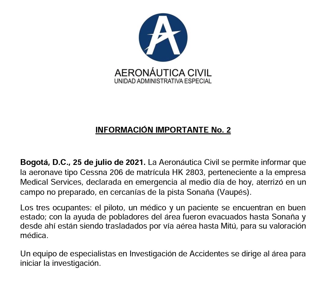 Comunicado de la Aeronáutica Civil sobre el avión que se reportó como desaparecido en Vaupés.