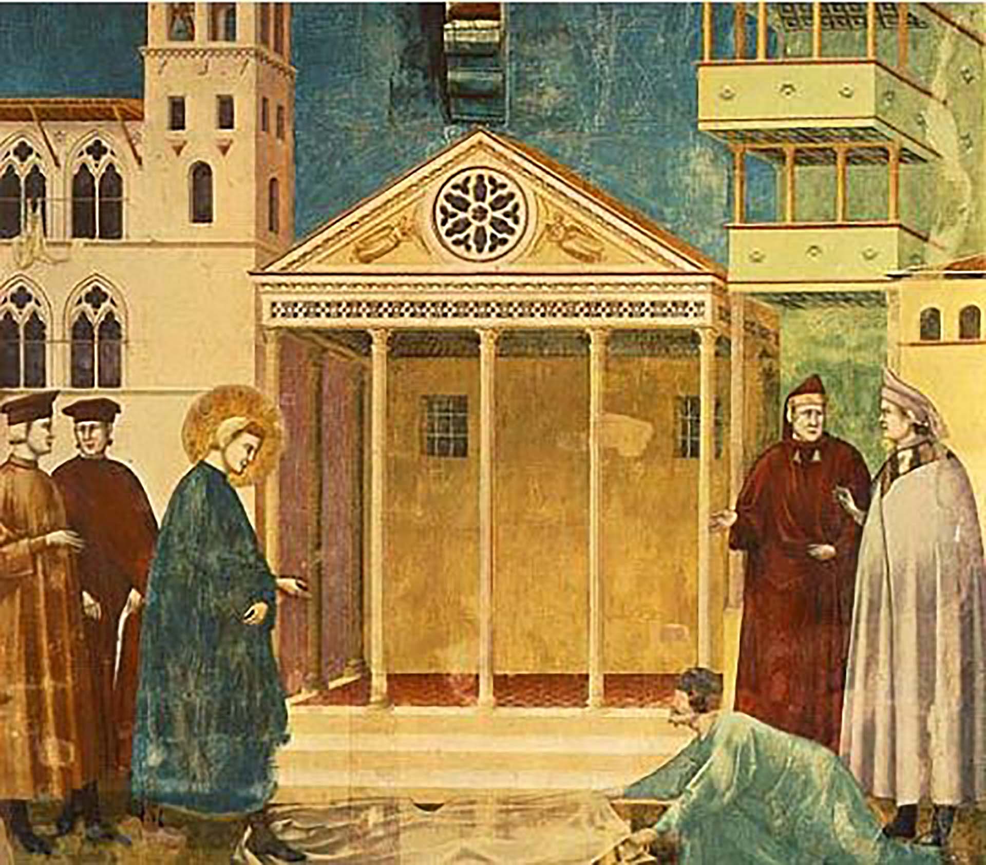 El fresco de Giotto que representa la escena donde un hombre pobre extendía su capa adonde Francisco (que aún no había recibido la revelación divina) iba a pisar