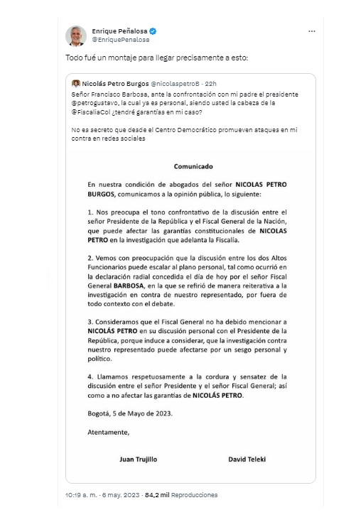 El exalcalde ironizó el pedido de garantías que hizo Nicolás Petro Burgos a la Fiscalía General de la Nación. Twitter.