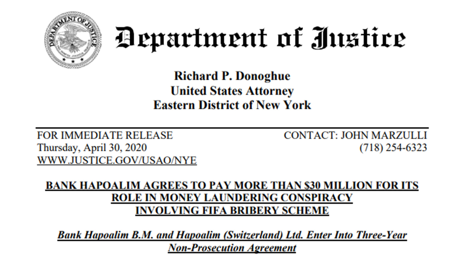 El comunicado de la justicia fechado ayer en Nueva York que vuelve a poner en primer plano al FIFA gate.
