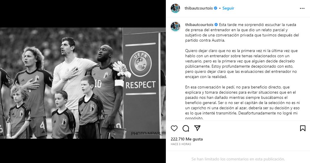 Thibaut Courtois hizo un descargo sobre el escándalo en la selección de Bélgica y por qué no viajará con el equipo a Estonia (Instagram)