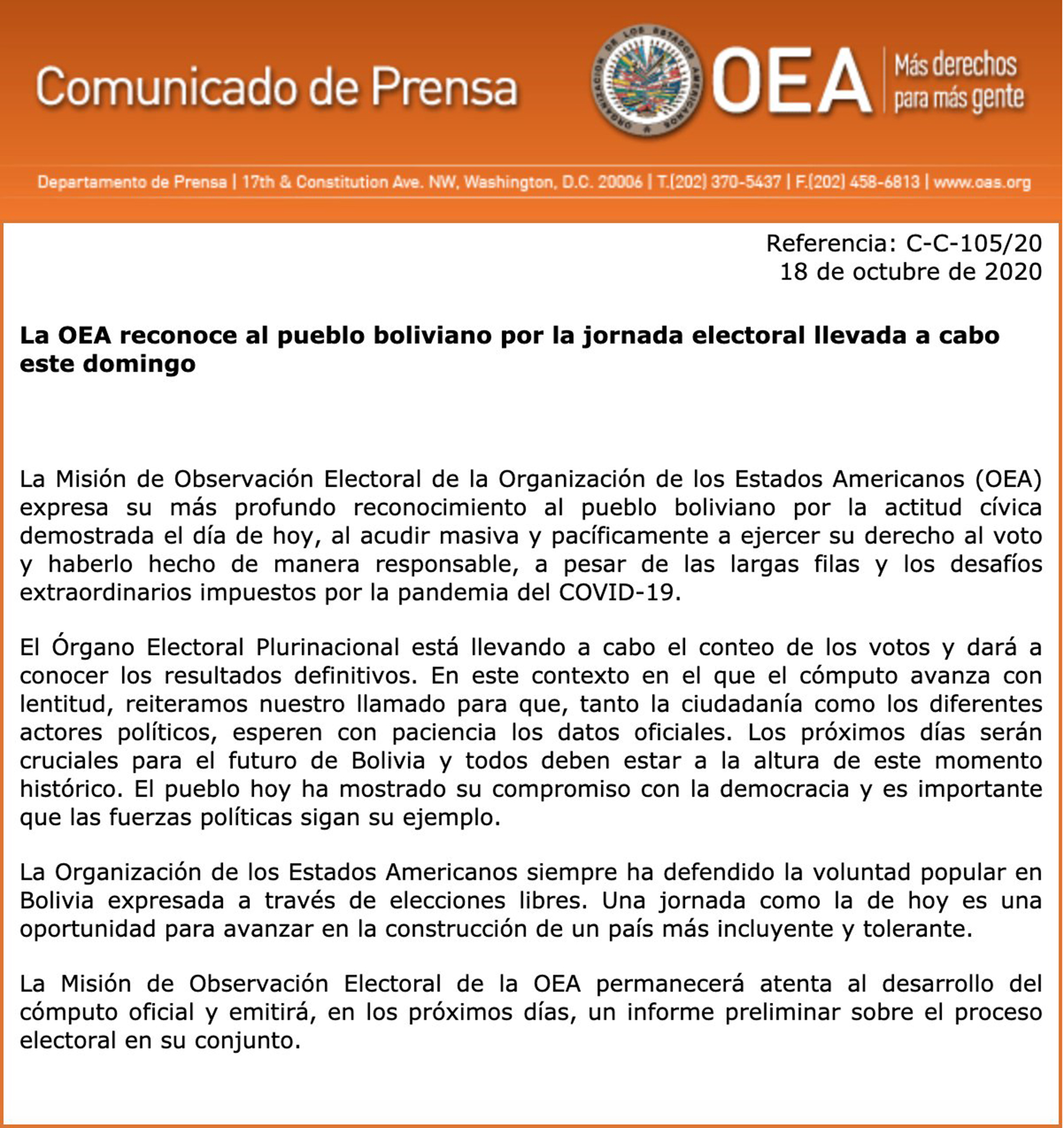 El comunicado de la OEA