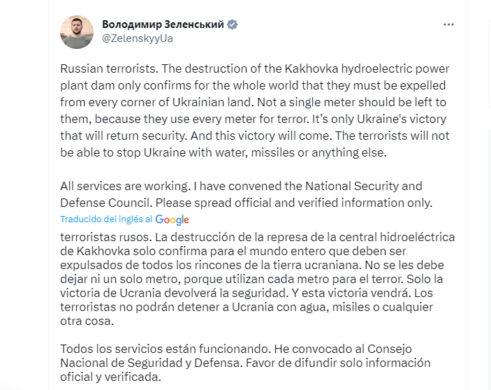 El mensaje del presidente de Ucrania sobre los daños causados por Rusia en la represa de Kherson. 