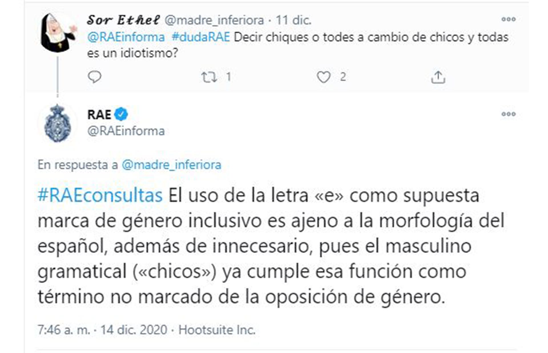 "El uso de la letra  E como supuesta marca de género inclusivo es ajeno a la morfología del español", dice la RAE