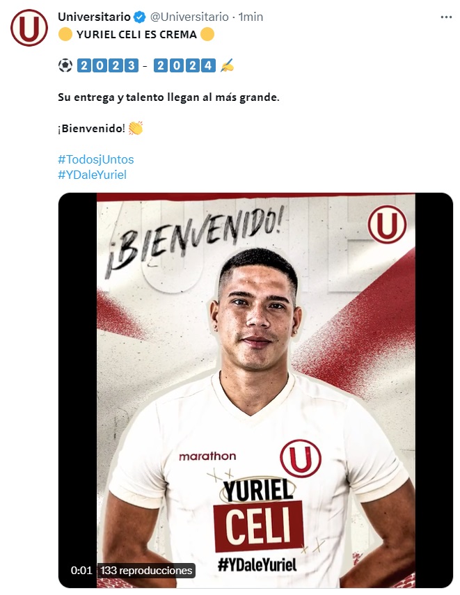 Universitario anunció a Yuriel Celi como su nuevo fichaje.