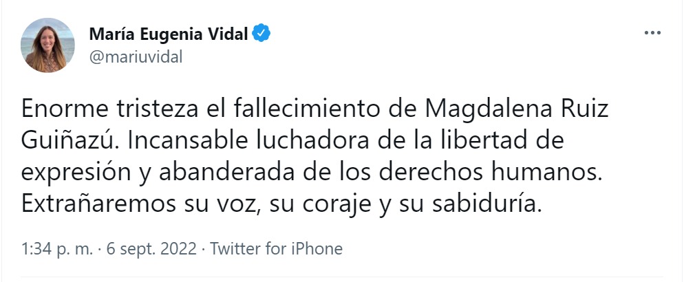 María Eugenia Vidal expresó sus condolencias en Twitter