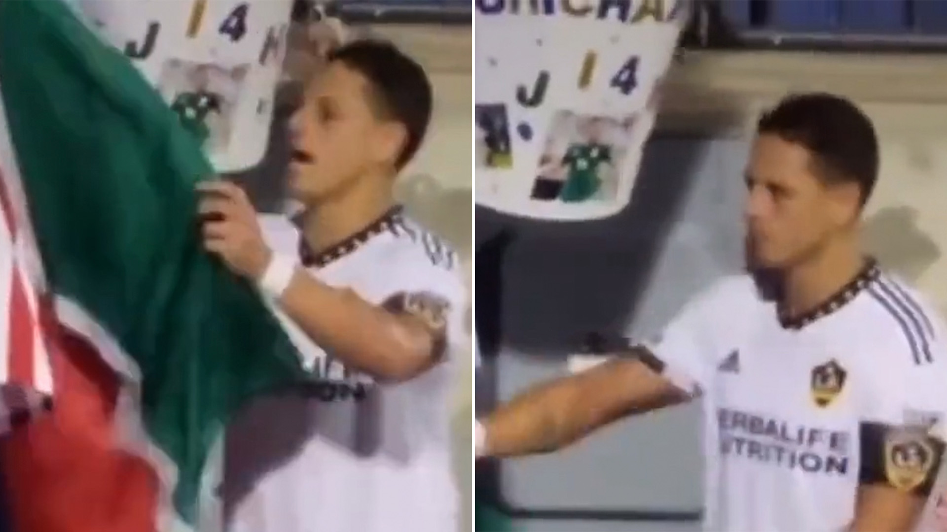 Chicharito Hernández fue captado arrojando una bandera mexicana al final del partido en el Toyota Stadium de Texas (Fotos: Captura de pantalla)