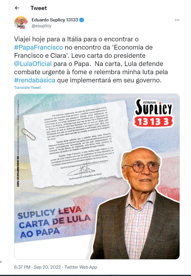 Eduardo Suplicy le llevó una carta de Lula da Silva para el Papa Francisco (Twitter)