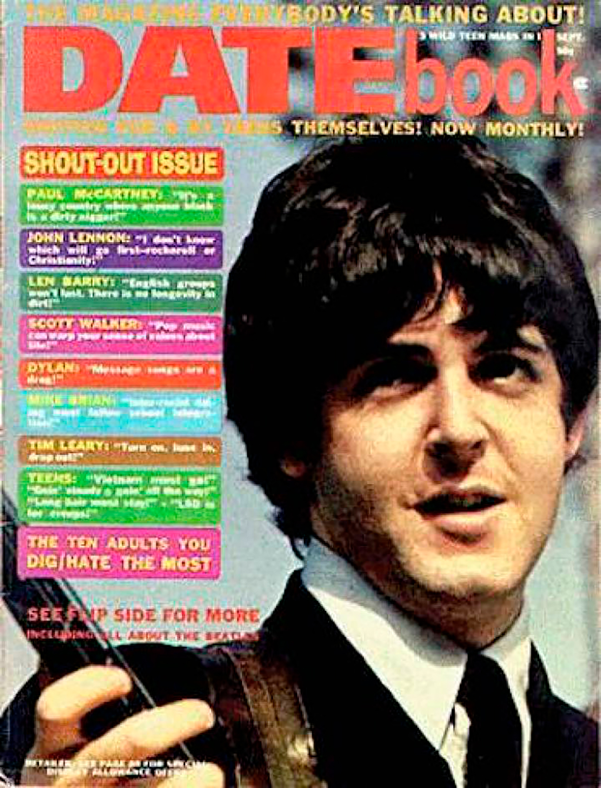 La tapa de la revista juvenil Datebook. La segunda frase destacada es de John Lennon. Dice: "No sé qué va a desaparecer primero, si el rock o el cristianismo"