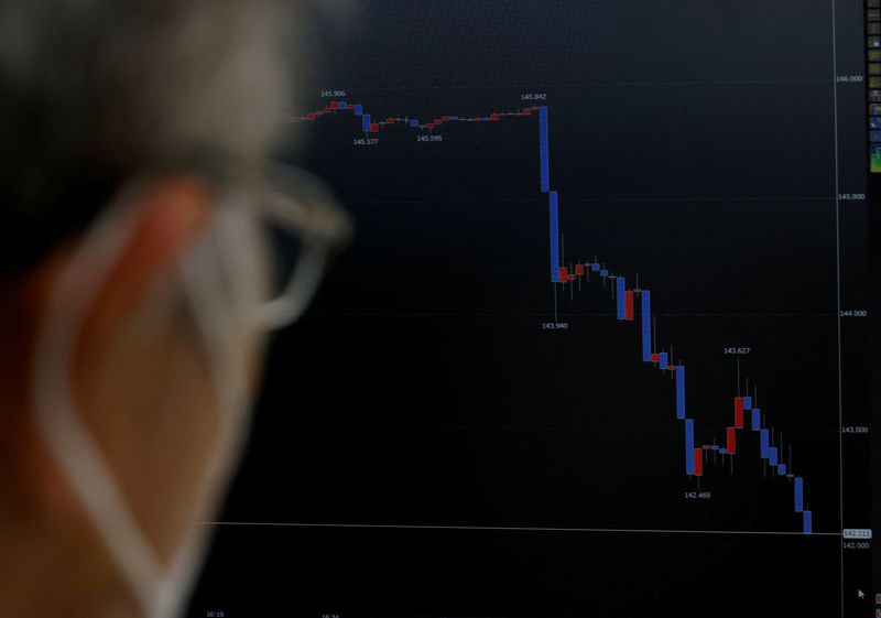 FOTO DE ARCHIVO: Un miembro del personal de la empresa de comercio de divisas Gaitame.com observa un monitor que muestra un gráfico del tipo de cambio del yen japonés frente al dólar estadounidense después de que Japón intervinó en el mercado de divisas por primera vez desde 1998 para apuntalar a la moneda local, en su sala de operaciones en Tokio, Japón. 22 de septiembre, 2022. REUTERS/Kim Kyung-Hoon/Archivo