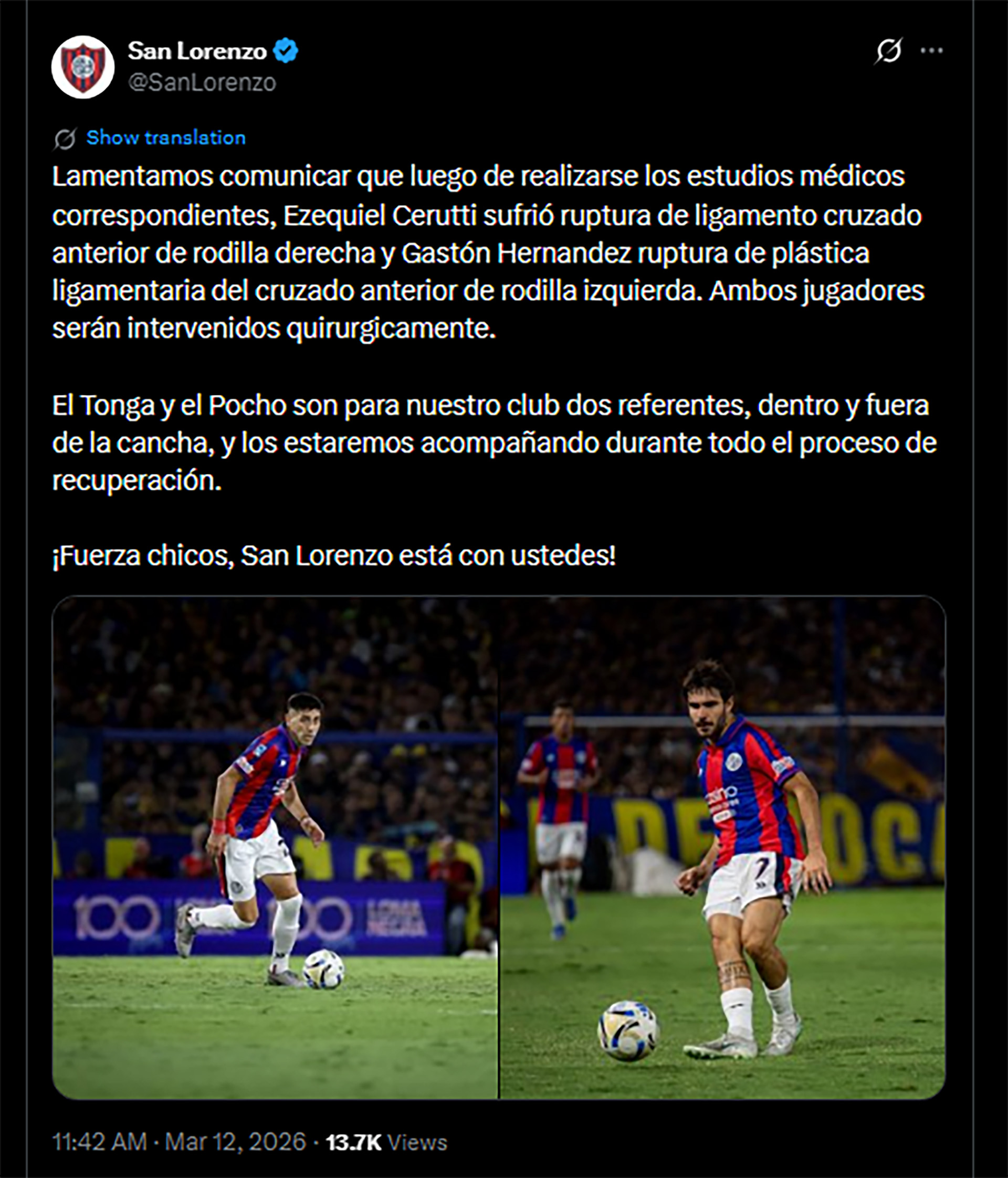 San Lorenzo confirm&oacute; las dos graves lesiones que sufrieron Ezequiel Cerutti y Gast&oacute;n Hern&aacute;ndez ante Boca