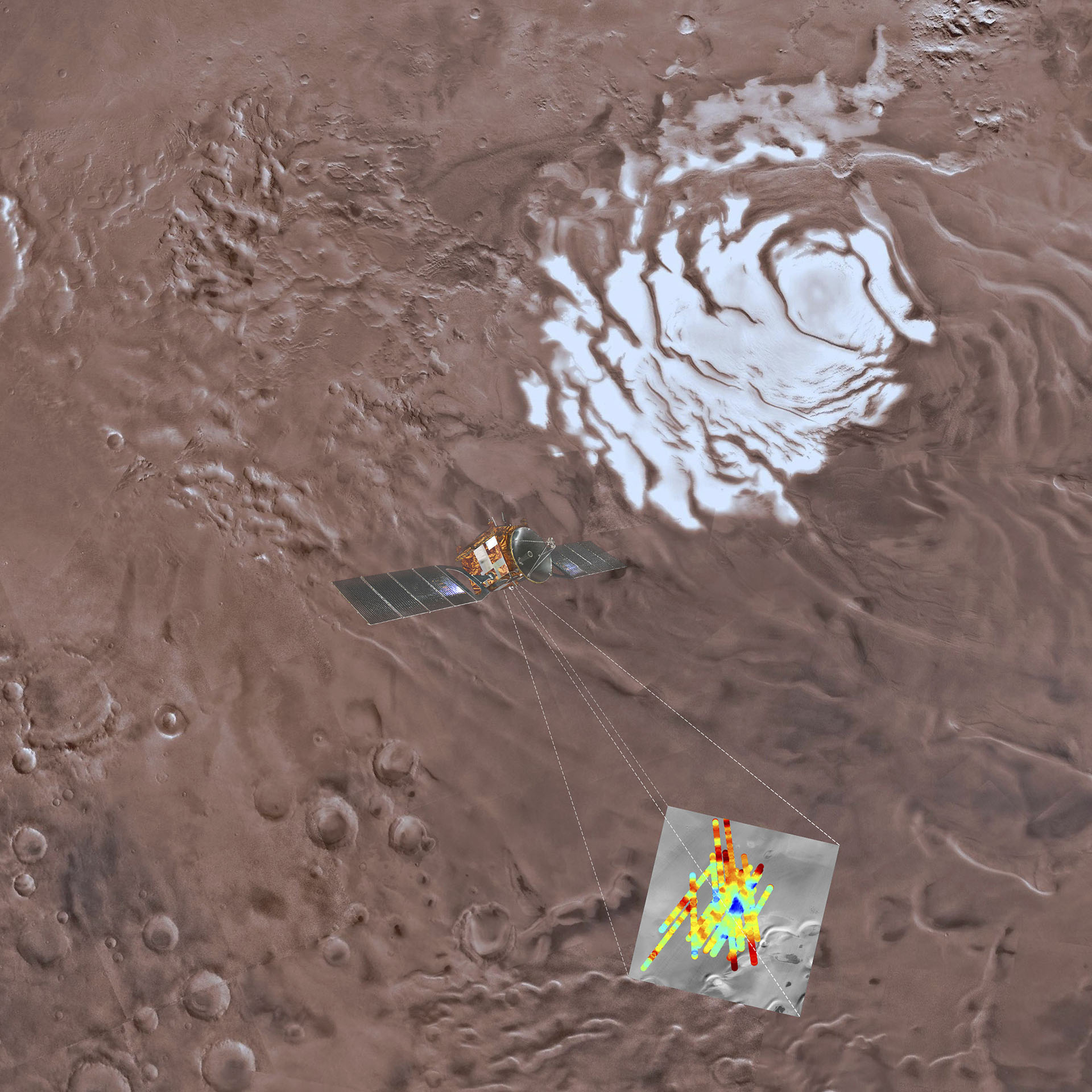 Esta imagen provista por ESA/INAF muestra un render que simula el Hemisferio Sur de Marte. Arriba a la derecha se ve la capa de hielo del planeta, la imagen de color debajo a la derecha muestra el área donde el radar ha escaneado: los triángulos azules indican posibles reservas de agua bajo la superficie. (Davide Coero Borga/INAF/ESA via AP)