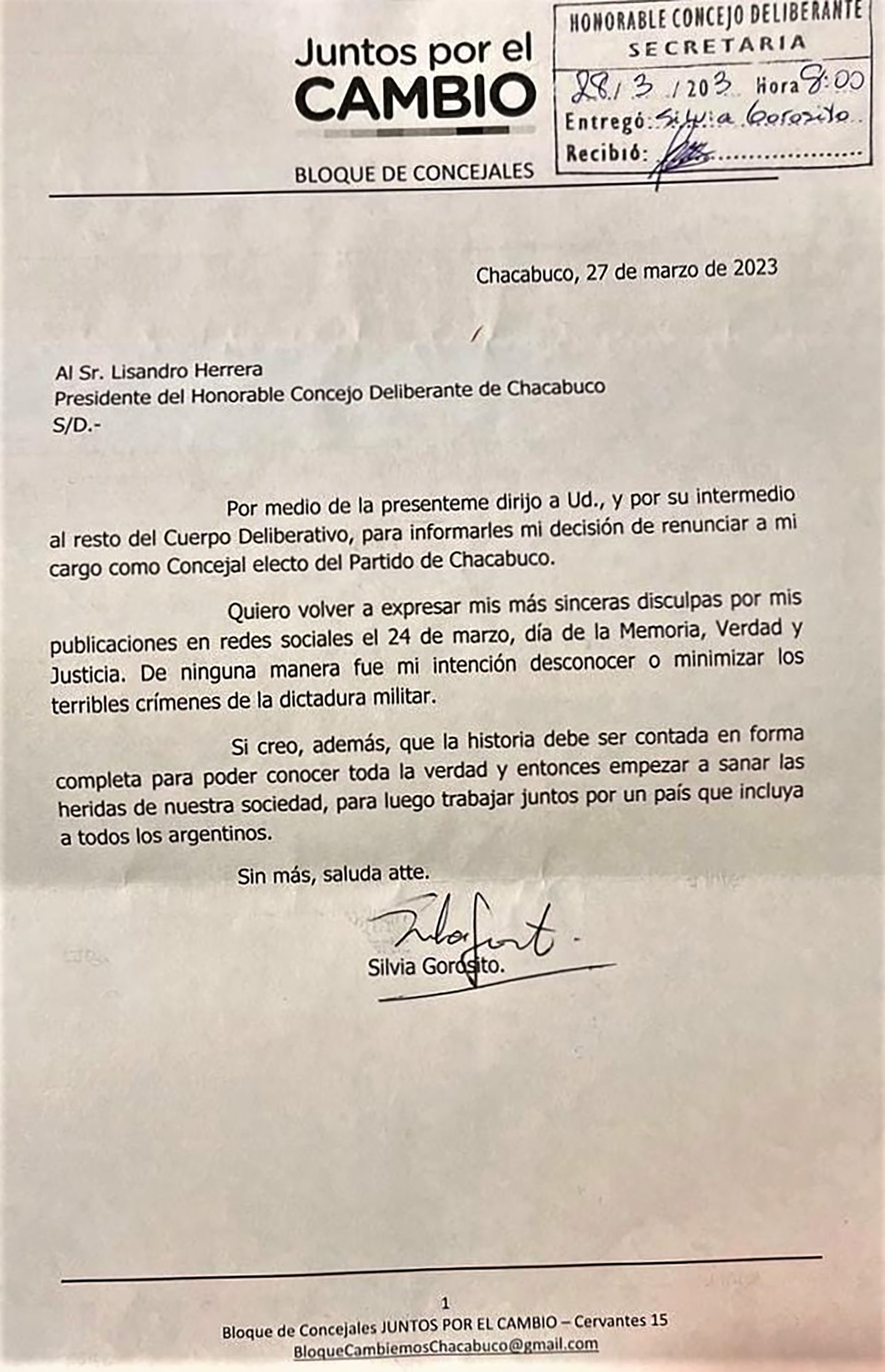 La carta enviada al Concejo deliberante de Chacabuco