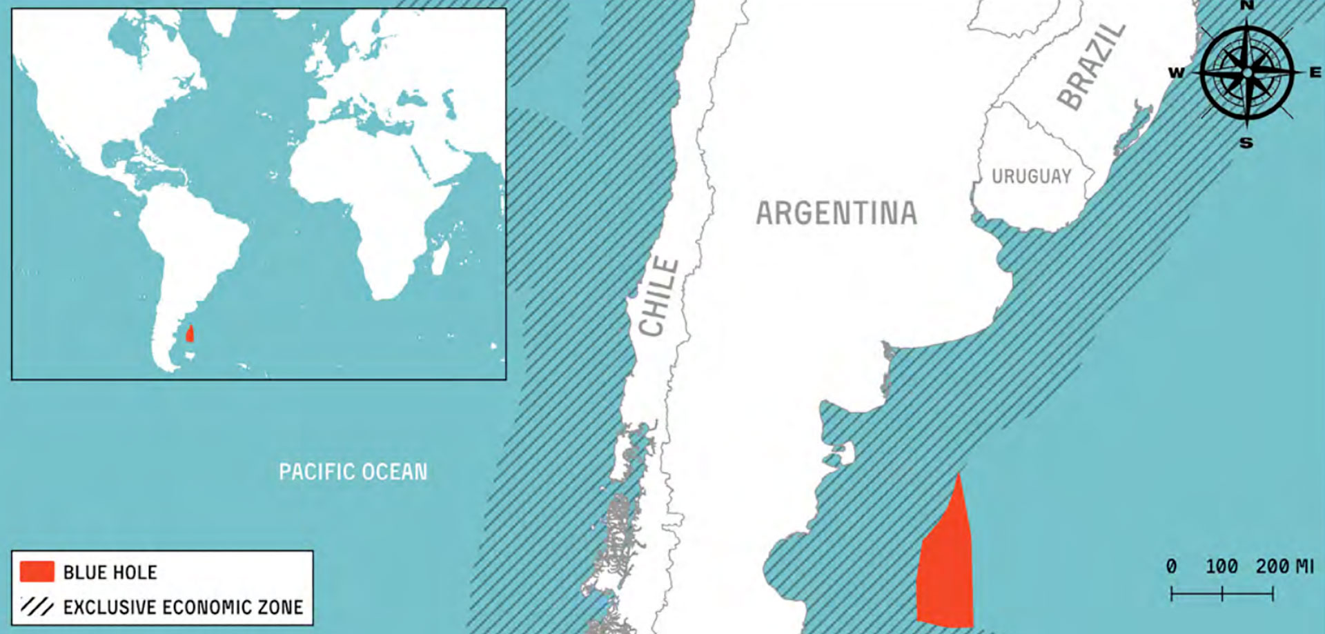 En rojo, el Agujero Azul, en el Atlántico Sur Occidental. El área rayada es la Zona Económica Exclusiva de Argentina (Mapa: Greenpeace) 