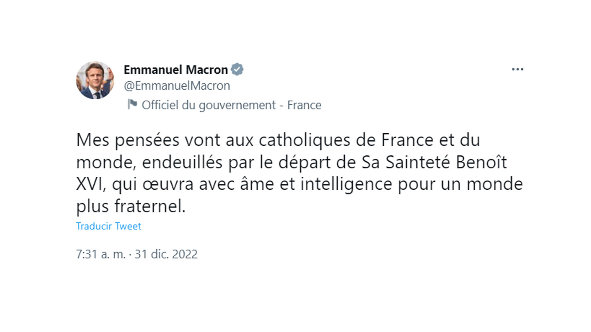 El tuit de Macron tras la muerte de Benedicto XVI 