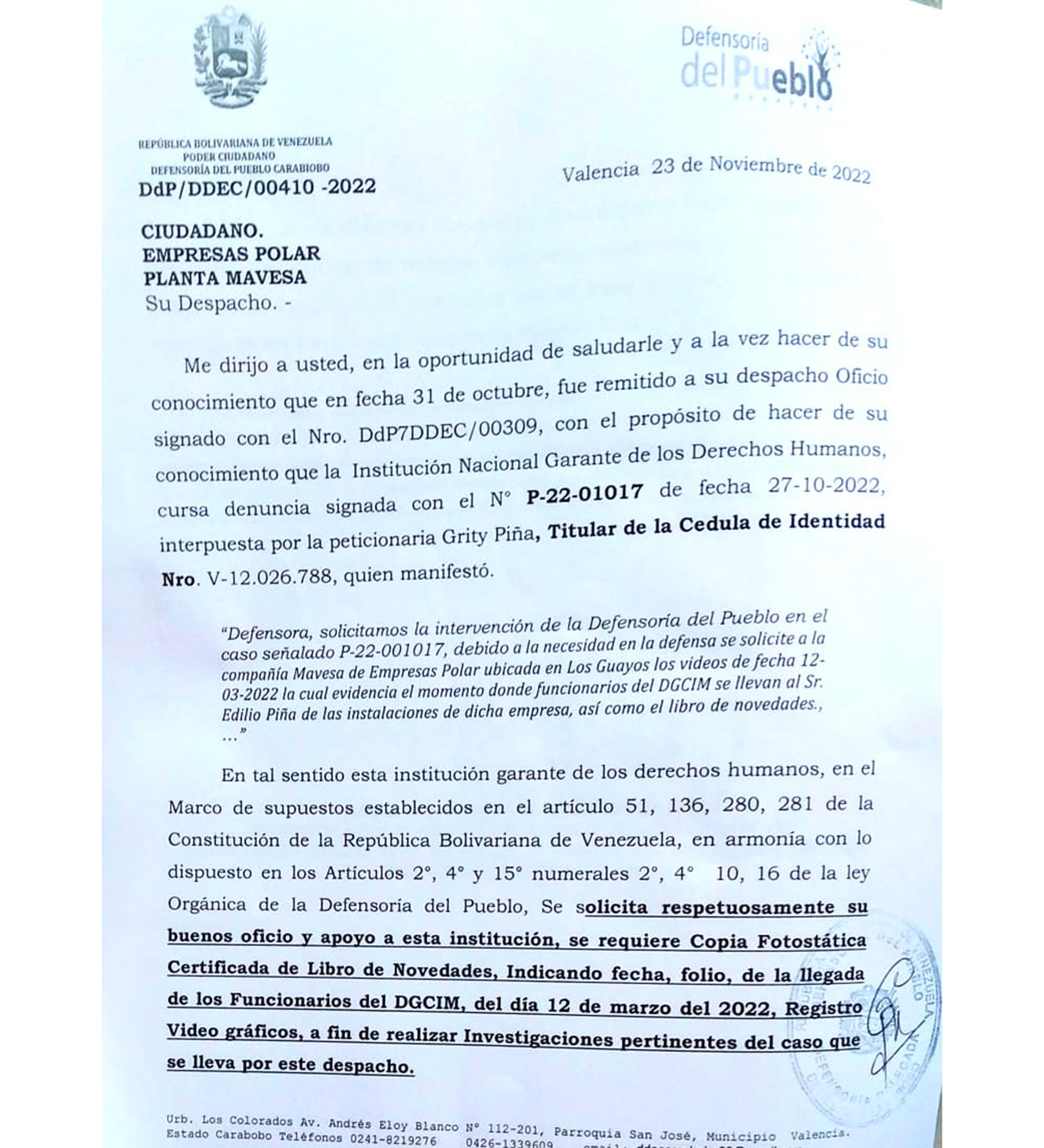 La Defensoría del Pueblo solicita a empresas Polar el video y registro del día en que DGCIM se llevó a Edilio Piña